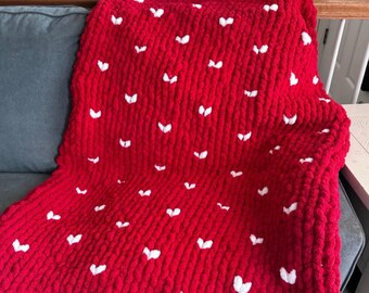 Handmade Red Chenille Chunky Knit Blanket, White Hearts Throw
