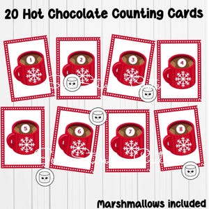 Hot Chocolate Mugs and Marshmallows number cards and counting mats 1-20, Montessori winter printable, Preschool math activity, Kindergarten