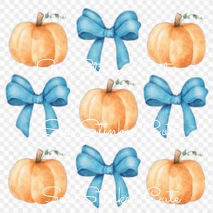 May include: Watercolor illustration featuring orange pumpkins and light blue bows. The pumpkins have green stems and are arranged with the bows. The text "Sew Stinky Cute" is written across the image.