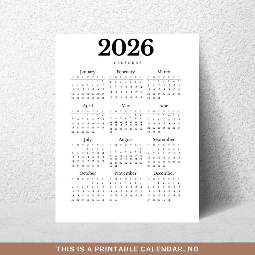 2026 Minimal Printable Calendar • Yearly Poster (PDF) - Etsy
