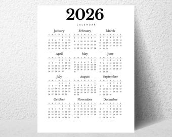 Calendário minimalista imprimível de 2026 • Pôster anual (PDF)