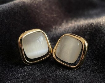Cat Eye Square Stud Earrings, Gold Framed White Stone Studs, Vintage Inspired Gold Earrings, Everyday Office Studs, Christmas Gift for Her