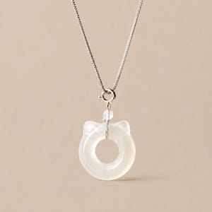 White Jade Cat Donut Pendant Necklace, Carved Natural Stone Lucky Amulet, Silver Tone Chain, Translucent Gemstone Charm, Cat Lover Gift