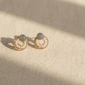 Pearl Circle Stud Earrings, Gold Halo Studs, Dainty Pearl Bead Earrings, Sterling Silver Posts, Everyday Elegant Jewelry, Gift for Her Studs image 4