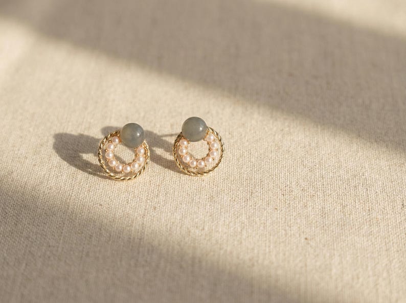 Pearl Circle Stud Earrings, Gold Halo Studs, Dainty Pearl Bead Earrings, Sterling Silver Posts, Everyday Elegant Jewelry, Gift for Her Studs image 4