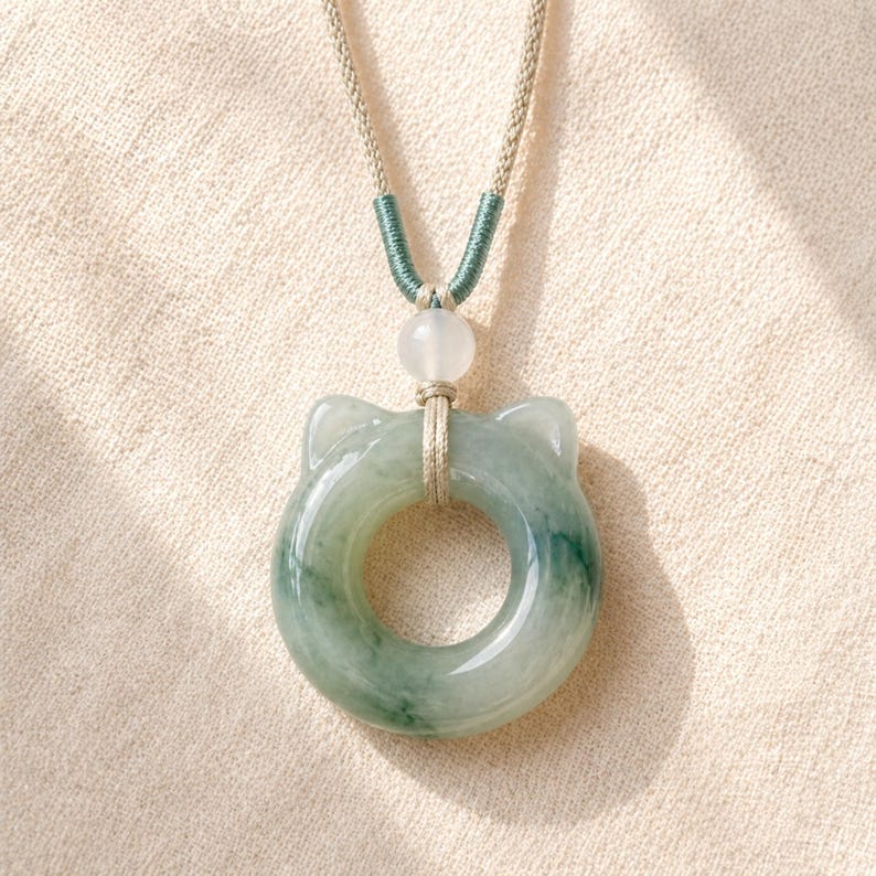 May include: A jade pendant necklace featuring a cat-shaped design with a circular center. The pendant is a mix of green and white hues, suspended from a beige cord with a green accent. A white bead is positioned above the pendant.