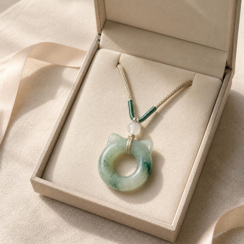 May include: A jade pendant necklace in a gift box. The pendant is a cat-shaped ring with green and white hues. The necklace cord is beige with green accents and a white bead. The box is beige with a satin ribbon.