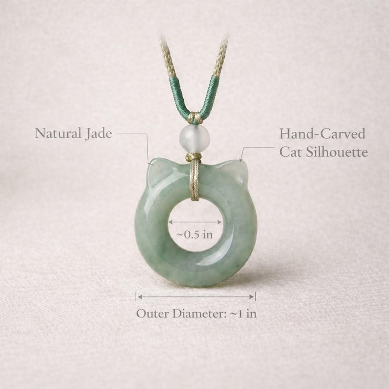 May include: A natural jade pendant with a hand-carved cat silhouette. The pendant is approximately 1 inch in outer diameter and has a 0.5-inch inner diameter. It hangs from a green and beige cord.