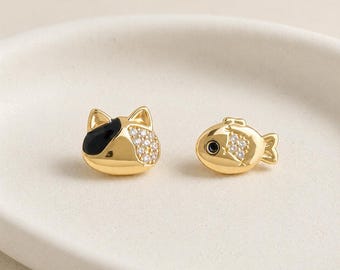 Mismatched Cat and Fish Stud Earrings, Enamel Animal Studs, Gold Plated Zircon, Quirky Pet Lover Gift, Whimsical Jewelry