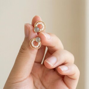Pearl Circle Stud Earrings, Gold Halo Studs, Dainty Pearl Bead Earrings, Sterling Silver Posts, Everyday Elegant Jewelry, Gift for Her Studs image 3