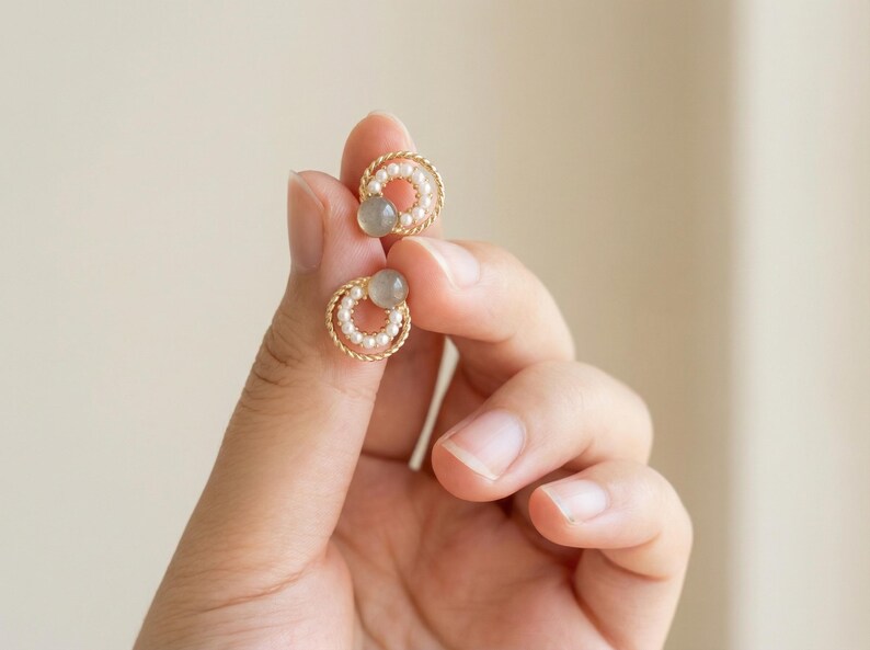 Pearl Circle Stud Earrings, Gold Halo Studs, Dainty Pearl Bead Earrings, Sterling Silver Posts, Everyday Elegant Jewelry, Gift for Her Studs image 3