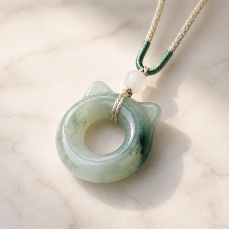 May include: A jade pendant necklace featuring a cat-shaped design. The pendant is a light green color with darker green veining, and is suspended from a beige cord with green accents. A white bead is also included.