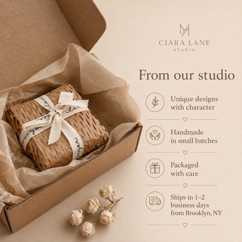 May include: A brown cardboard shipping box containing a square item wrapped in textured brown paper and tied with a cream-colored ribbon. The text reads Ciara Lane Studio, From our studio, Unique designs with character, Handmade in small batches, Packaged with care, and Ships in 1-2 business days from Brooklyn, NY.