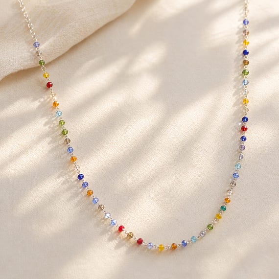 Dainty Beaded Necklace, Colorful Glass Bead Necklace, Rainbow Layering Choker, Multicolor Bead Necklace, Stainless Steel Chain, Gift for Her