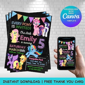 Bewerkbare sjabloon verjaardagsuitnodiging Unicorn Pony (digitale download)