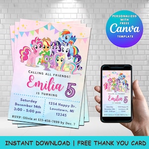 Bewerkbare verjaardagsuitnodiging eenhoorn: My Little Pony-thema (digitaal)