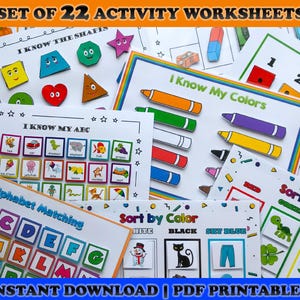 May include: A collection of 22 activity worksheets for children. The worksheets cover topics like shapes, colors, the alphabet, and sorting by color. The worksheets feature colorful illustrations and text, including "I Know My Shapes," "I Know My Colors," and "Alphabet Matching."