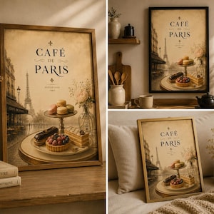 Può includere: Stampa incorniciata con un'illustrazione vintage di un caffè parigino, con la Torre Eiffel sullo sfondo. L'opera presenta il testo "Café de Paris" e pasticcini su un supporto a più livelli. La tavolozza dei colori è calda, con toni seppia.
