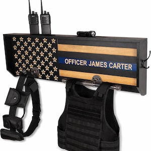 Police Gear Rack - Duty Vest & Belt Holder - Wall Mounted Organizer - Thin Blue Line Gift
