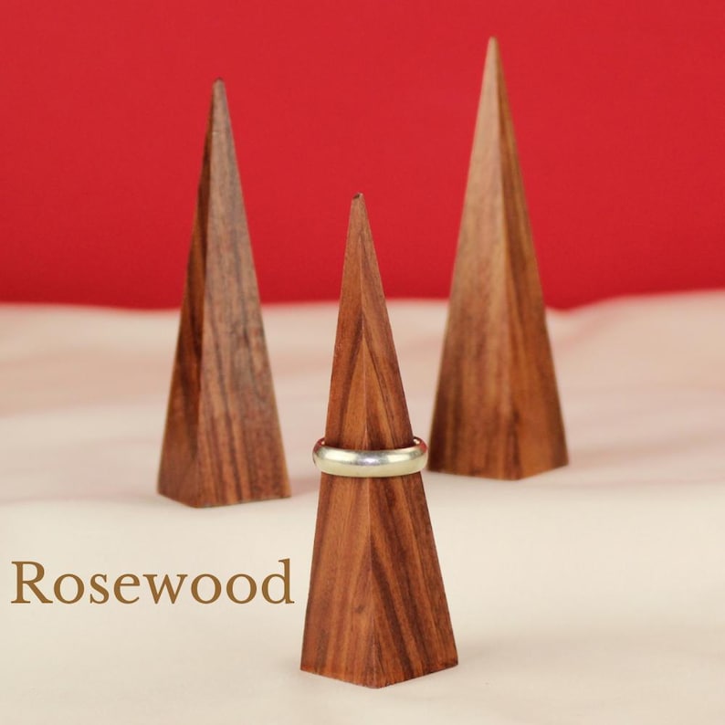 Jewelry Stand Pyramid Bridal Ring Holder Vanity Accessory Storage For Her Wedding Band Stand For Him Handcrafted Wood Design Organizer Gift Rosewood