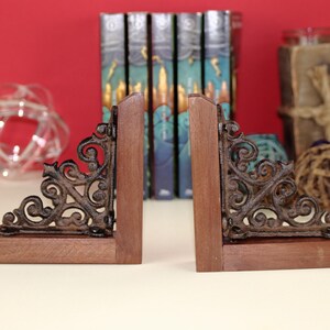 Professional Library Bookends Cast Iron Construction Black Metal Design Victorian Scroll Pattern Premium Walnut Base Elegant Office Organization Classic Book Support Vintage Inspired Accent Beautiful Home Essential Display Collection