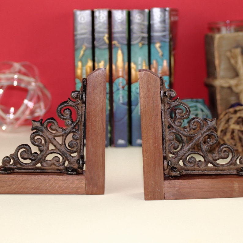 Professional Library Bookends Cast Iron Construction Black Metal Design Victorian Scroll Pattern Premium Walnut Base Elegant Office Organization Classic Book Support Vintage Inspired Accent Beautiful Home Essential Display Collection
