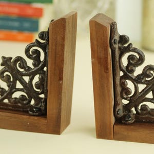Professional Office Bookend Collection Victorian Style Design Cast Iron Construction Premium Book Support Beautiful Metal Scroll Pattern Classic Library Organization Elegant Walnut Base Vintage Inspired Display Sophisticated Home Accent