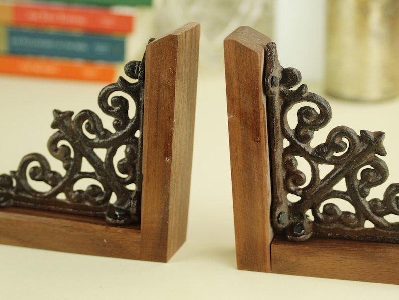 Professional Office Bookend Collection Victorian Style Design Cast Iron Construction Premium Book Support Beautiful Metal Scroll Pattern Classic Library Organization Elegant Walnut Base Vintage Inspired Display Sophisticated Home Accent