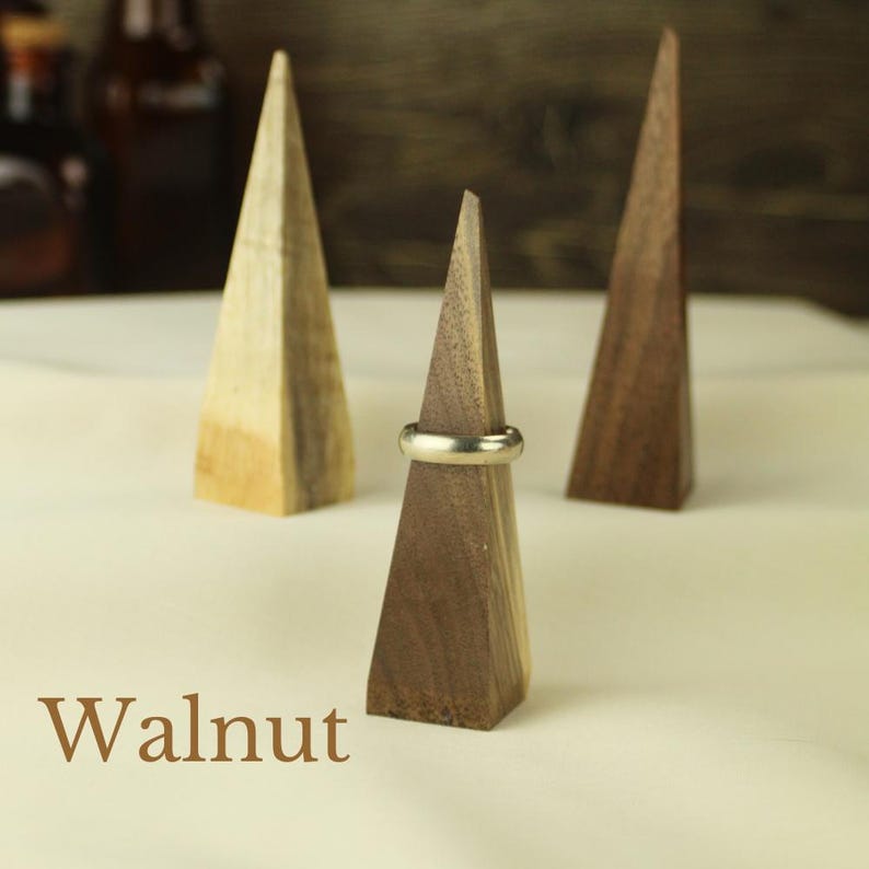 Handcrafted Wood Ring Holder Triangle Display Stand Modern Jewelry Storage Minimalist Vanity Organizer Wedding Ring Display Premium Quality Construction Natural Wood Finish Geometric Design Beautiful Handmade Piece Perfect Gift Solution