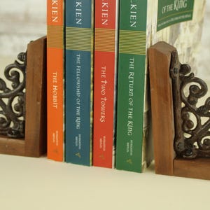 Elegant Victorian Style Cast Iron Bookends Walnut Wood Base Metal Scroll Pattern Classic Library Organization Premium Office Display Antique Inspired Design Professional Desk Accessory Vintage Home Collection Beautiful Book Support