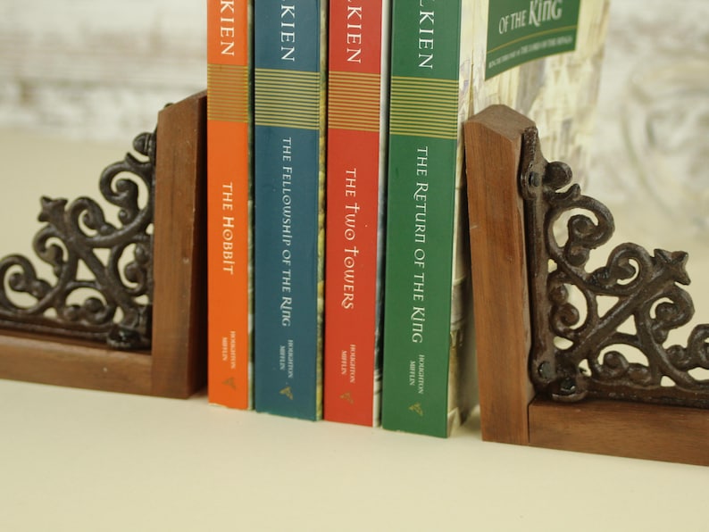 Elegant Victorian Style Cast Iron Bookends Walnut Wood Base Metal Scroll Pattern Classic Library Organization Premium Office Display Antique Inspired Design Professional Desk Accessory Vintage Home Collection Beautiful Book Support