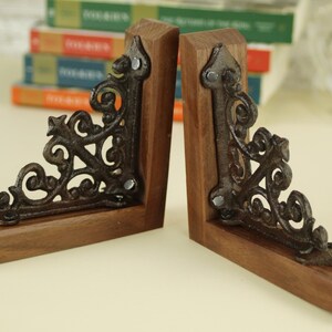Premium Library Bookends Victorian Style Design Cast Iron Metal Scroll Pattern Professional Office Organization Elegant Desk Display Beautiful Walnut Base Classic Book Support Vintage Inspired Collection Sophisticated Home Accent Essential