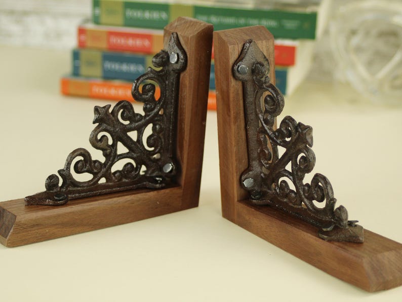 Premium Library Bookends Victorian Style Design Cast Iron Metal Scroll Pattern Professional Office Organization Elegant Desk Display Beautiful Walnut Base Classic Book Support Vintage Inspired Collection Sophisticated Home Accent Essential