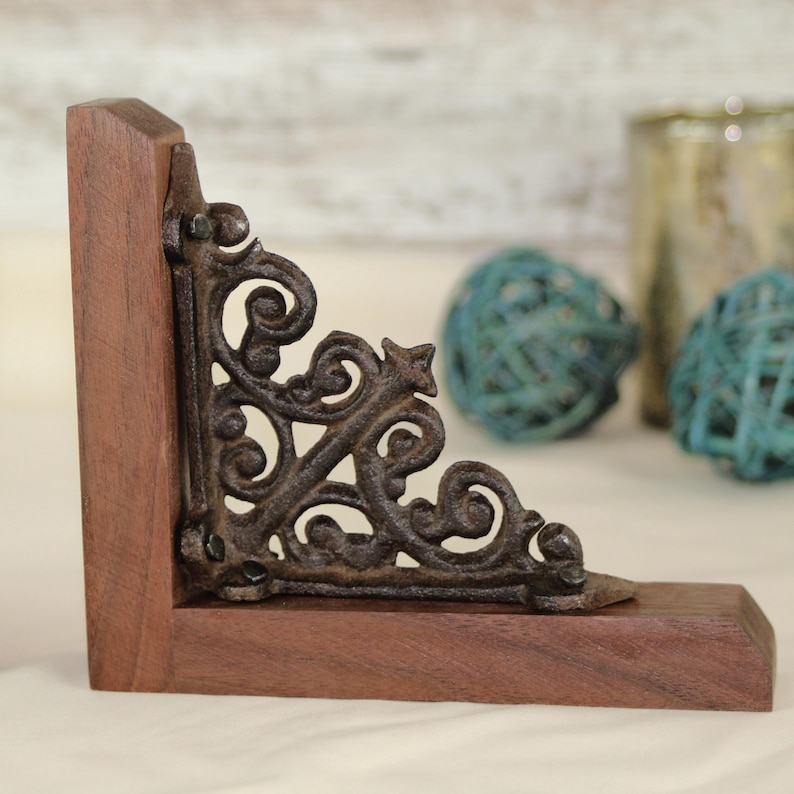 Vintage Style Bookends Cast Iron Design Black Metal Construction Premium Walnut Base Victorian Scroll Pattern Professional Library Organization Classic Office Display Elegant Book Support Beautiful Home Accent Essential Shelf Arrangement