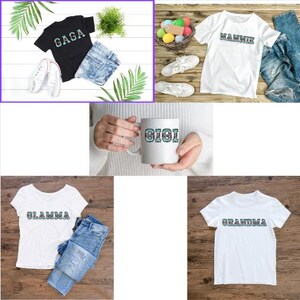 May include: Five white t-shirts with different text designs. The designs include "GAGA", "MAMMA", "GIGI", "GLAMMA", and "GRANDMA". Each shirt is paired with a pair of blue jeans.