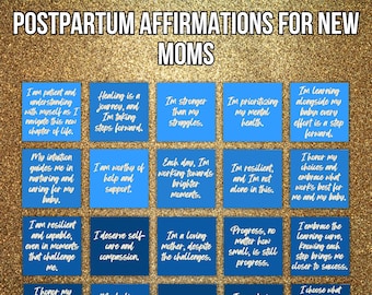 Blue Postpartum Affirmations for new moms, motherhood affirmation cards, mum gift postpartum, expecting mom gift, positive postpartum quotes