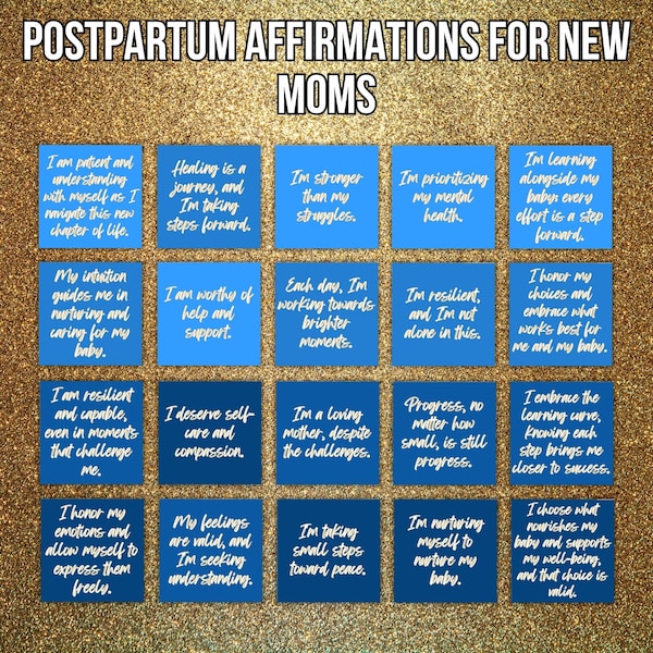 Blue Postpartum Affirmations for new moms, motherhood affirmation cards, mum gift postpartum, expecting mom gift, positive postpartum quotes