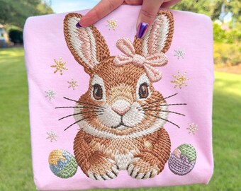 Faux embroidered girl easter bunny png,easter bunny embroidered sweater,spring shirt designs,april easter bunny,embroidered bunny png,spring