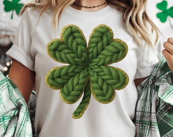 Knitted shamrock png,four leafed clover, glittering gold outline,trendy spring png designs,shamrock st patrick days,girly st patricks shirt
