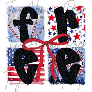 May include: A patriotic design featuring the word "FREEDOM" in black leopard print letters, tied with a red bow. The background includes watercolor-style illustrations of fireworks, stars, and the American flag, celebrating Independence Day.