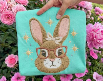 Faux embroidered easter bunny png,easter girly,boho easter png,easter bunny embroidered sweater,rabbit ears clipart,shirt spring designs png