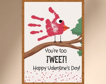 Valentine's Day handprint craft, You're too tweet, red bird handprint art, happy valentines day, diy kid craft,baby handprint keepsake,sweet