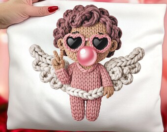 Chunky knit cupid png,crochet valentine,faux yarn cupid png,crochet cupid,retro cupid valentines shirt,cupid bubblegum,blowing bubble png