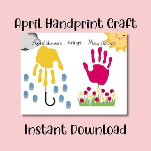 April showers handprint thumbprint art,april showers bring may flowers craft,spring handprint,flower handprint,May handprint,prek spring art