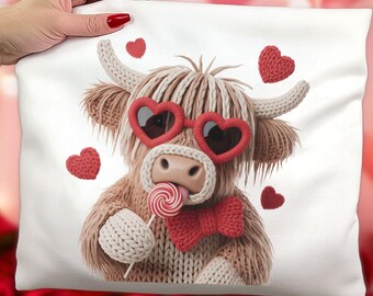 Faux yarn knit highland cow valentine png,highland cow yarn,crochet highland cow, sucker valentine png,sucker vday clipart,3d crochet,farm