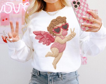 Faux embroidered cupid png,cupid bubblegum,heart sunglasses,preppy cupid png,blowing bubble png,retro cupid valentines shirt,cupid vday png