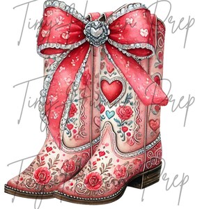 May include: A pair of pink cowboy boots with a red and white bow, hearts, and floral designs. The boots are decorated with rhinestones.