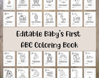 Editable baby's first abc book,baby shower coloring,baby sprinkle,editable first abc,baby shower activity,guest book,first alphabet book diy