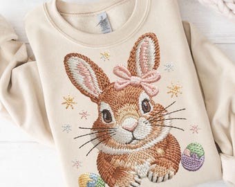 Faux embroidered girl easter bunny png,easter bunny embroidered sweater,spring shirt designs,april easter bunny,embroidered bunny png,spring