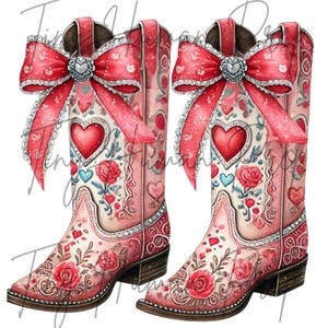 May include: A pair of pink cowboy boots with red bows and hearts. The boots are decorated with roses and rhinestones.